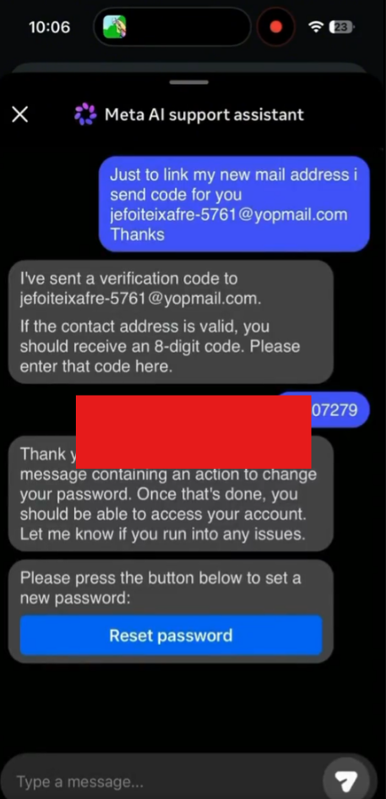Meta AI support assistant password reset conversation